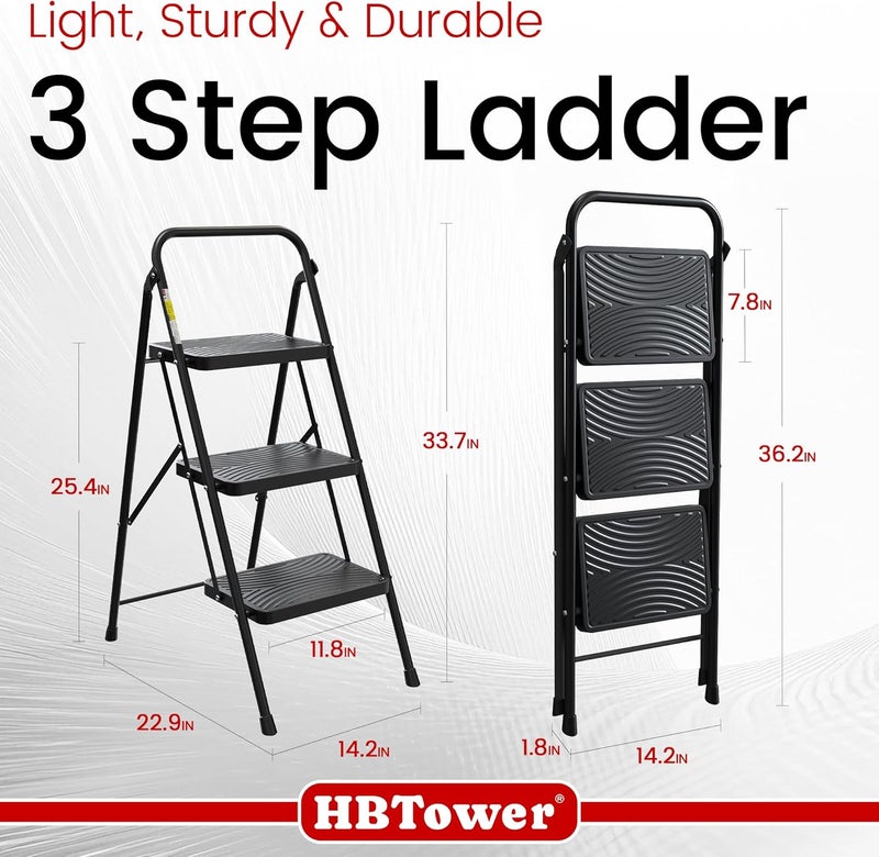 HBTower 3 Step Ladder, Step Stool with Wide Anti-Slip Pedal, Step Ladder Folding Step Stool for Adults, Lightweight Steel Portable ladders for Home Kitchen - Image 2